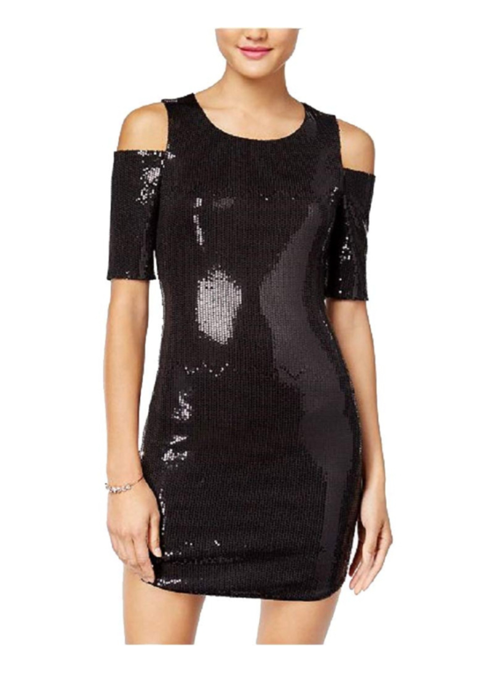 As U Wish Black Sequin Cold Shoulder Bodycon Dress Juniors Medium